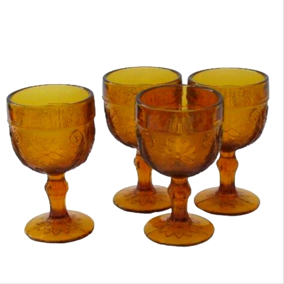 70's Indiana Glass Amber Sandwich Daisy Pattern Wine Goblets Set of 4 - Picture 2 of 6